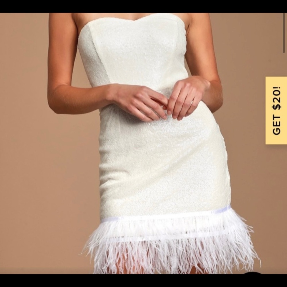 Lulus strapless sequin dress with feather hem